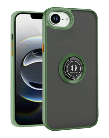 Hard PC Rear / Soft TPU Colorful Border Case with I-ring Holder - (NAVY GREEN) for iPhone 16e / 17e (Only Ground Shipping)
