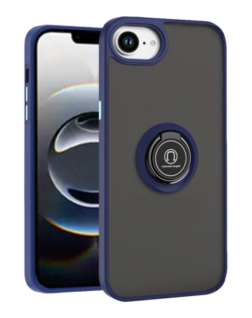 Hard PC Rear / Soft TPU Colorful Border Case with I-ring Holder - (NAVY BLUE) for iPhone 16e / 17e (Only Ground Shipping)
