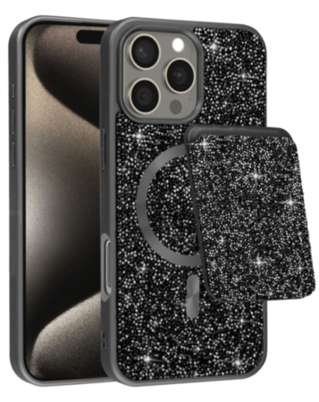 Magnetic Diamond Dual Layer Protection Case with Magnetic Card Slot- BLACK for iPhone 16 Pro Max (Only Ground Shipping)