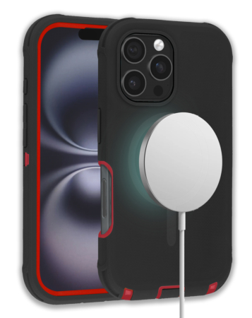 Wireless Charging Heavy Duty Case - BLACK & RED for iPhone 16 Pro Max (Only Ground Shipping)