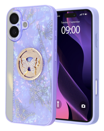 Luxury Diamond Shiny Cases with Butterfly Ring - PURPLE for iPhone 16 Plus (Only Ground Shipping)