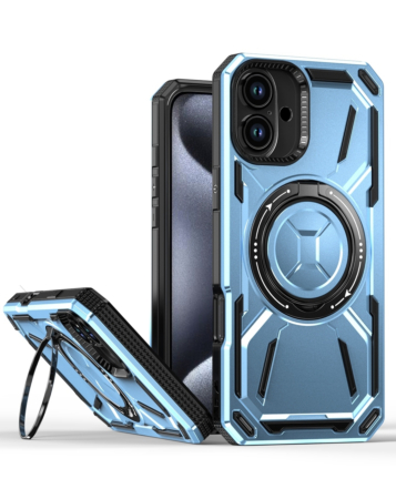 Full-Body Rugged Shockproof Case with Built-in Ring Holder - BLUE for iPhone 16 Plus (Only Ground Shipping)