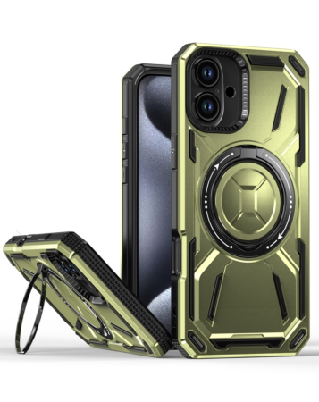 Full-Body Rugged Shockproof Case with Built-in Ring Holder - GREEN for iPhone 16 Plus (Only Ground Shipping)