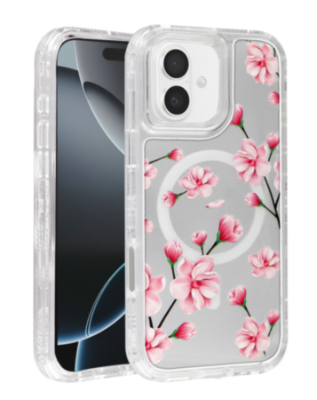Flower Design Transparent Case with Wireless Charger - Style 1 for iPhone 16 Plus (Only Ground Shipping)