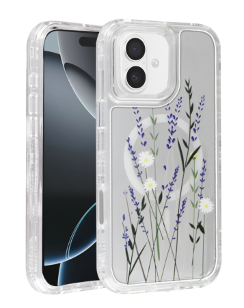 Flower Design Transparent Case with Wireless Charger - Style 4 for iPhone 16 Plus (Only Ground Shipping)
