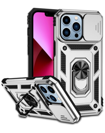 Dual Layers Hybrid Case (SILVER) for iPhone 16 Pro with Metal Ring and Camera Protector (Only Ground Shipping)