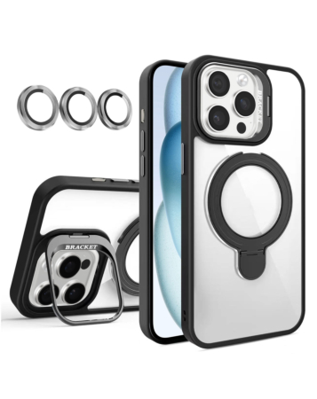 Magnetic Clear Case with 2 Kickstand & Camera Lens - BLACK for iPhone 16 Pro (Only Ground Shipping)