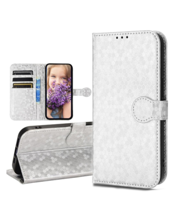 iPhone 16 Pro Honeycomb Design Leather Wallet Case - SILVER (Only Ground Shipping)