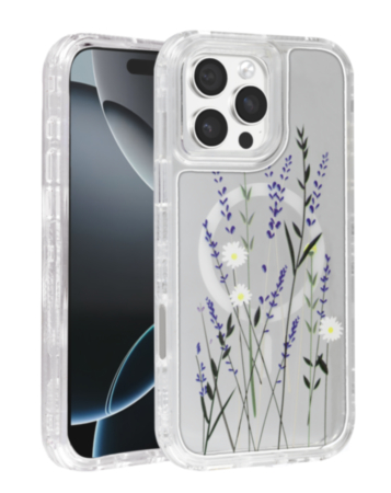 Flower Design Transparent Case with Wireless Charger - Style 4 for iPhone 16 Pro (Only Ground Shipping)