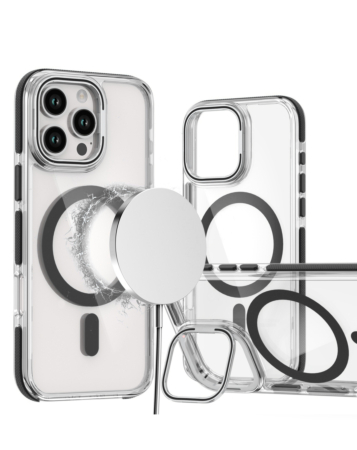 Thin Magnetic Clear Case with Camera Stand Kickstand - BLACK for iPhone 16 Pro (Only Ground Shipping)
