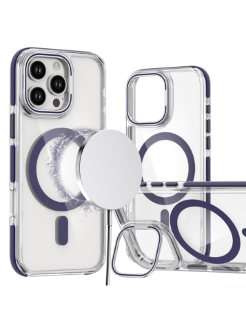 Thin Magnetic Clear Case with Camera Stand Kickstand - PURPLE for iPhone 16 Pro (Only Ground Shipping)
