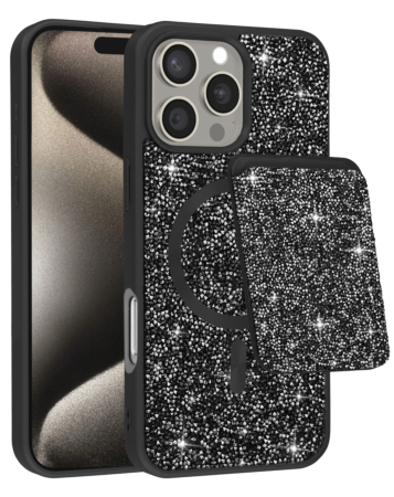 Magnetic Diamond Dual Layer Protection Case with Magnetic Card Slot- BLACK for iPhone 16 Pro Max (Only Ground Shipping)