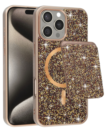 Magnetic Diamond Dual Layer Protection Case with Magnetic Card Slot- GOLD for iPhone 16 Pro Max (Only Ground Shipping)