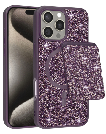 Magnetic Diamond Dual Layer Protection Case with Magnetic Card Slot- PURPLE for iPhone 16 Pro Max (Only Ground Shipping)