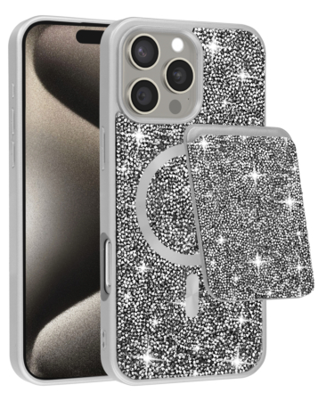 Magnetic Diamond Dual Layer Protection Case with Magnetic Card Slot- SILVER for iPhone 16 Pro Max (Only Ground Shipping)