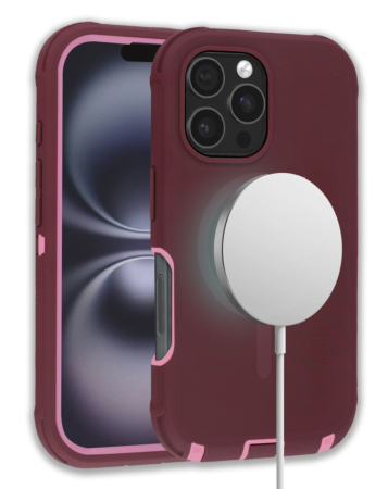 Wireless Charging Heavy Duty Case - MAROON & BLACK for iPhone 16 Pro Max (Only Ground Shipping)