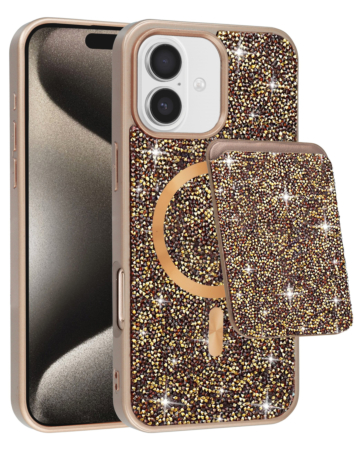 Magnetic Diamond Dual Layer Protection Case with Magnetic Card Slot- GOLD for iPhone 17 (Only Ground Shipping)