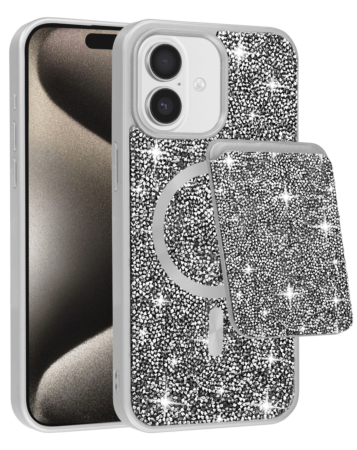 Magnetic Diamond Dual Layer Protection Case with Magnetic Card Slot- SILVER for iPhone 17 (Only Ground Shipping)