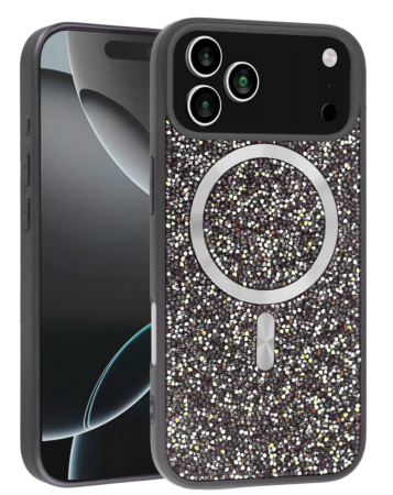 Wireless Charging Bling Diamond Crystal Case - BLACK & SILVER for iPhone 17 Pro (Only Ground Shipping)