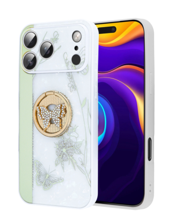 Luxury Diamond Shiny Cases with Butterfly Ring - WHITE for iPhone 17 Pro Max (Only Ground Shipping)