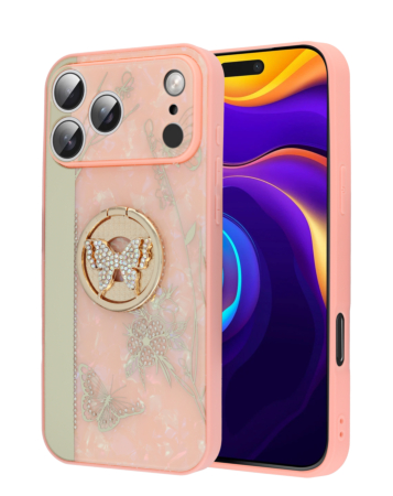 Luxury Diamond Shiny Cases with Butterfly Ring - PINK for iPhone 17 Pro Max (Only Ground Shipping)