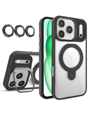 Magnetic Clear Case with 2 Kickstand & Camera Lens - BLACK for iPhone 17 Pro Max (Only Ground Shipping)