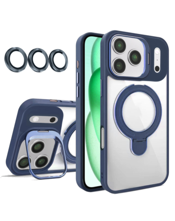 Magnetic Clear Case with 2 Kickstand & Camera Lens - DARK BLUE for iPhone 17 Pro Max (Only Ground Shipping)