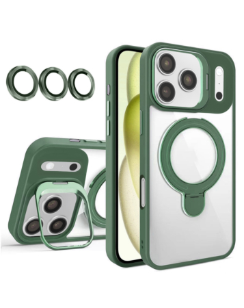 Magnetic Clear Case with 2 Kickstand & Camera Lens - DARK GREEN for iPhone 17 Pro Max (Only Ground Shipping)