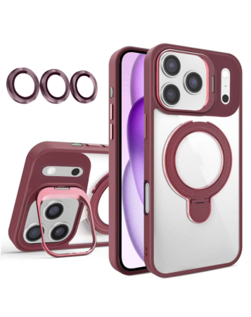 Magnetic Clear Case with 2 Kickstand & Camera Lens - WINE RED for iPhone 17 Pro Max (Only Ground Shipping)