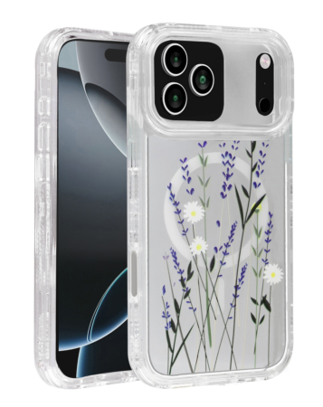Flower Design Transparent Case with Wireless Charger - Style 4 for iPhone 17 Pro Max (Only Ground Shipping)