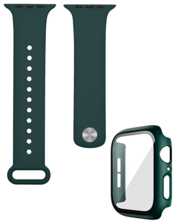 iWatch 45mm Silicone Soft Band & Bumper Case with Tempered Glass - DARK GREEN (Only Ground Shipping)