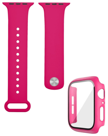 iWatch 45mm Silicone Soft Band & Bumper Case with Tempered Glass -ROSE PINK (Only Ground Shipping)