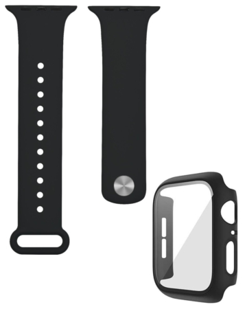 iWatch 45mm Silicone Soft Band & Bumper Case with Tempered Glass - BLACK (Only Ground Shipping)