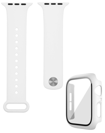 iWatch 45mm Silicone Soft Band & Bumper Case with Tempered Glass - WHITE (Only Ground Shipping)