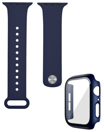 iWatch 45mm Silicone Soft Band & Bumper Case with Tempered Glass - NAVY BLUE (Only Ground Shipping)