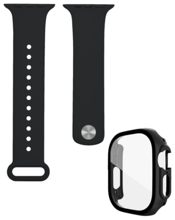 iWatch 49mm Silicone Soft Band & Bumper Case with Tempered Glass - BLACK (Only Ground Shipping)