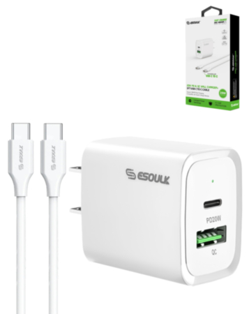 Esoulk USB C+A PD/QC Wall Adapter with USB C-C Cable (5ft) (20W) (WHITE) (Only Ground Shipping)