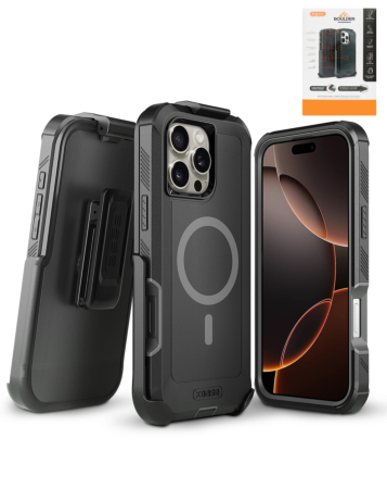 xBase by PowerPeak - Boulder MagSafe Heavy-Duty Co-Molded Rugged Protective Case withBelt Clip - (BLACK) for iPhone 16 Pro Max (Only Ground Shipping)