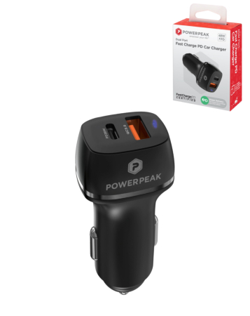 PowerPeak USB A+C Dual Port Power Delivery Car Charger (48W) - (BLACK) (Only Ground Shipping)