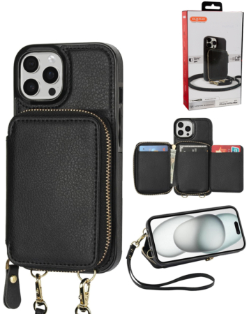 xBase by PowerPeak - Crossbody Zipper Purse for iPhone 14 Pro Max - (BLACK) (Only Ground Shipping)