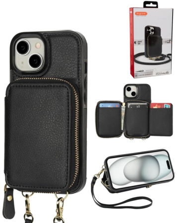 xBase by PowerPeak -  Crossbody Zipper Purse for iPhone 13 / 14 / 16e / 17e - (BLACK) (Only Ground Shipping)