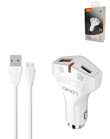 LDNIO C60P PD QC3.0 Dual USB A+C Car Charger with USB A-M Cable (3ft) (36W) (Only Ground Shipping)