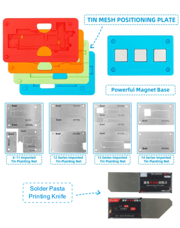 Stock up on the i2C 18-in-1 Motherboard Fixture, Middle Frame, BGA Stencil Platform, and Soldering Steel Mesh Holder for iPhone X to 14 Pro Max.