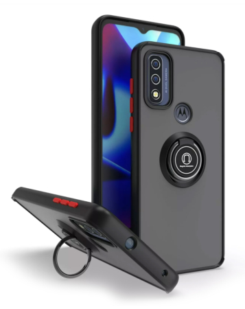 Moto G Pure- G Power 2022-G Play (2022 / 2023) Hard PC Rear / Soft TPU Colorful Border Case with I-ring Holder - BLACK (Only Ground Shipping)
