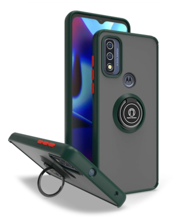 Moto G Pure- G Power 2022-G Play (2022 / 2023) Hard PC Rear / Soft TPU Colorful Border Case with I-ring Holder - DARK GREEN (Only Ground Shipping)