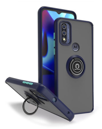 Moto G Pure- G Power 2022-G Play (2022 / 2023) Hard PC Rear / Soft TPU Colorful Border Case with I-ring Holder - NAVY BLUE (Only Ground Shipping)