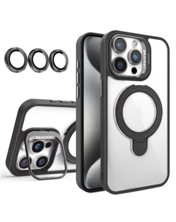 Magnetic Clear Case with 2 Kickstand & Camera Lens - BLACK for iPhone 12 / 12 Pro (Only Ground Shipping)