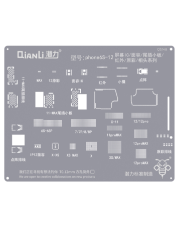 Purchase the QianLi Bumblebee QS148 Stencil for iPhone 6S to 12 Pro Max, covering Screen IC, Face ID, Tail Plug, Infrared, True Tone, and Camera. This item is not returnable.
