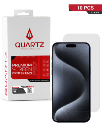 Buy the QUARTZ clear tempered glass for iPhone 16 in a pack of 10.