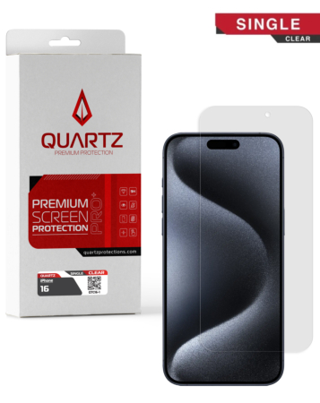 Stock up on the QUARTZ clear tempered glass for iPhone 16 in a single pack.